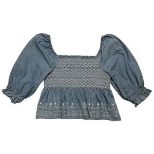 American Eagle Size M Chambray Peplum Blouse Short Sleeve Summer Beach Boho